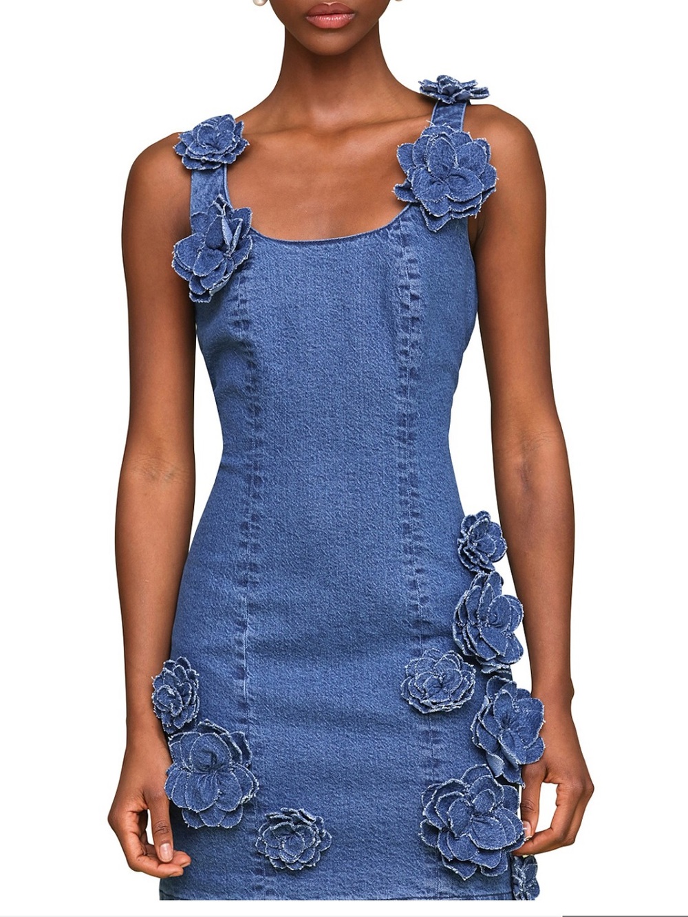 Avec Les Filles Blue Denim Mini Dress with Floral Appliqués